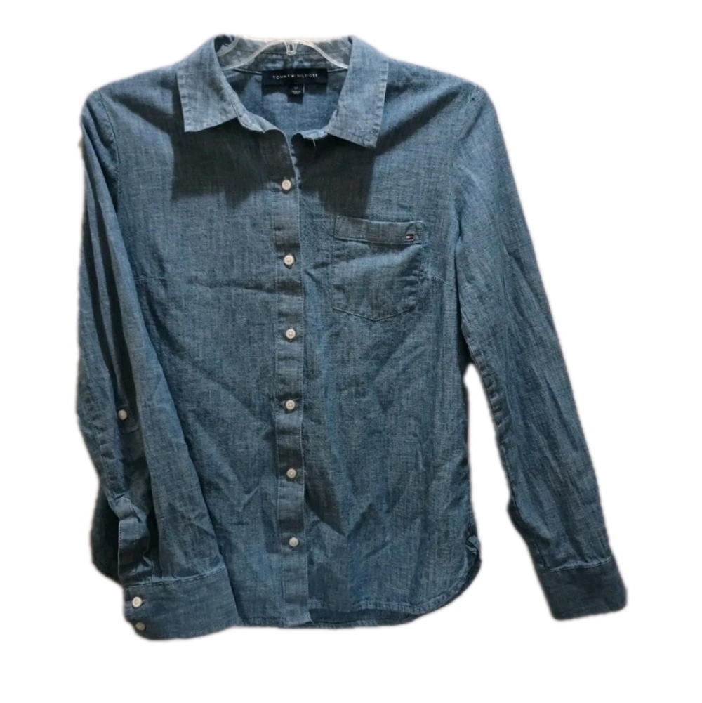 Tommy Hilfiger Button-up Shirt Roll Tab Long Sleeve Chambray Blue Size Small